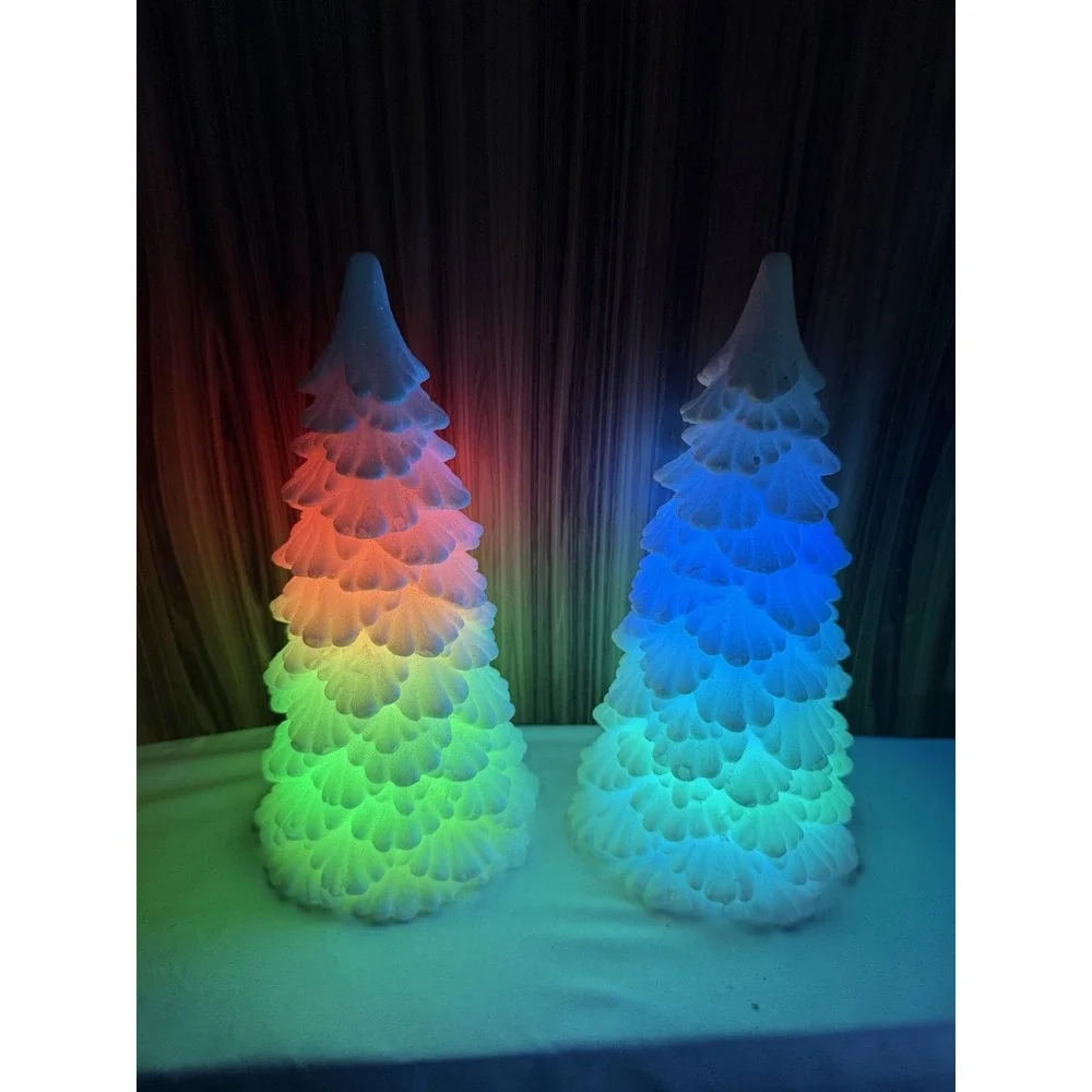 Set of 2 Lighted Color Changing LED Christmas Trees Glitter White Battery Operat